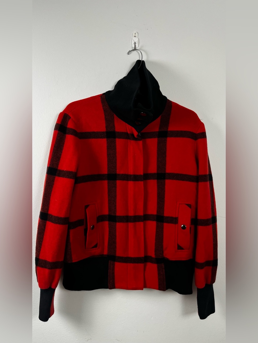 Red Plaid Bomber Jacket with Black Trim Size M